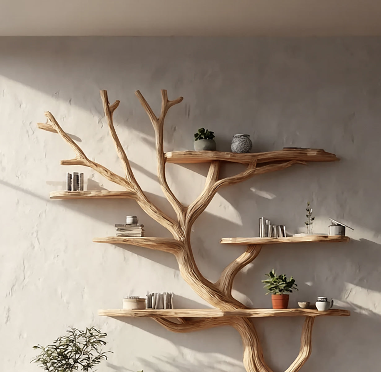 Handgefertigtes Baum-Bücherregal aus Holz – Schwebendes Wandregal