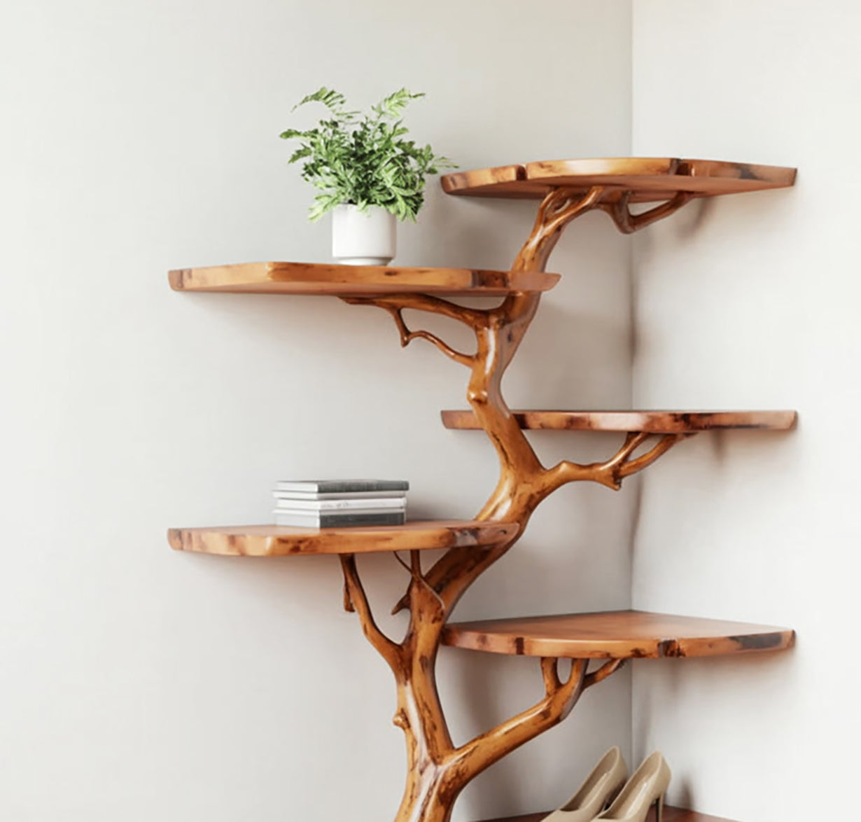 Eckregal im Baumast-Design aus Massivholz – handgefertigtes Bücherregal