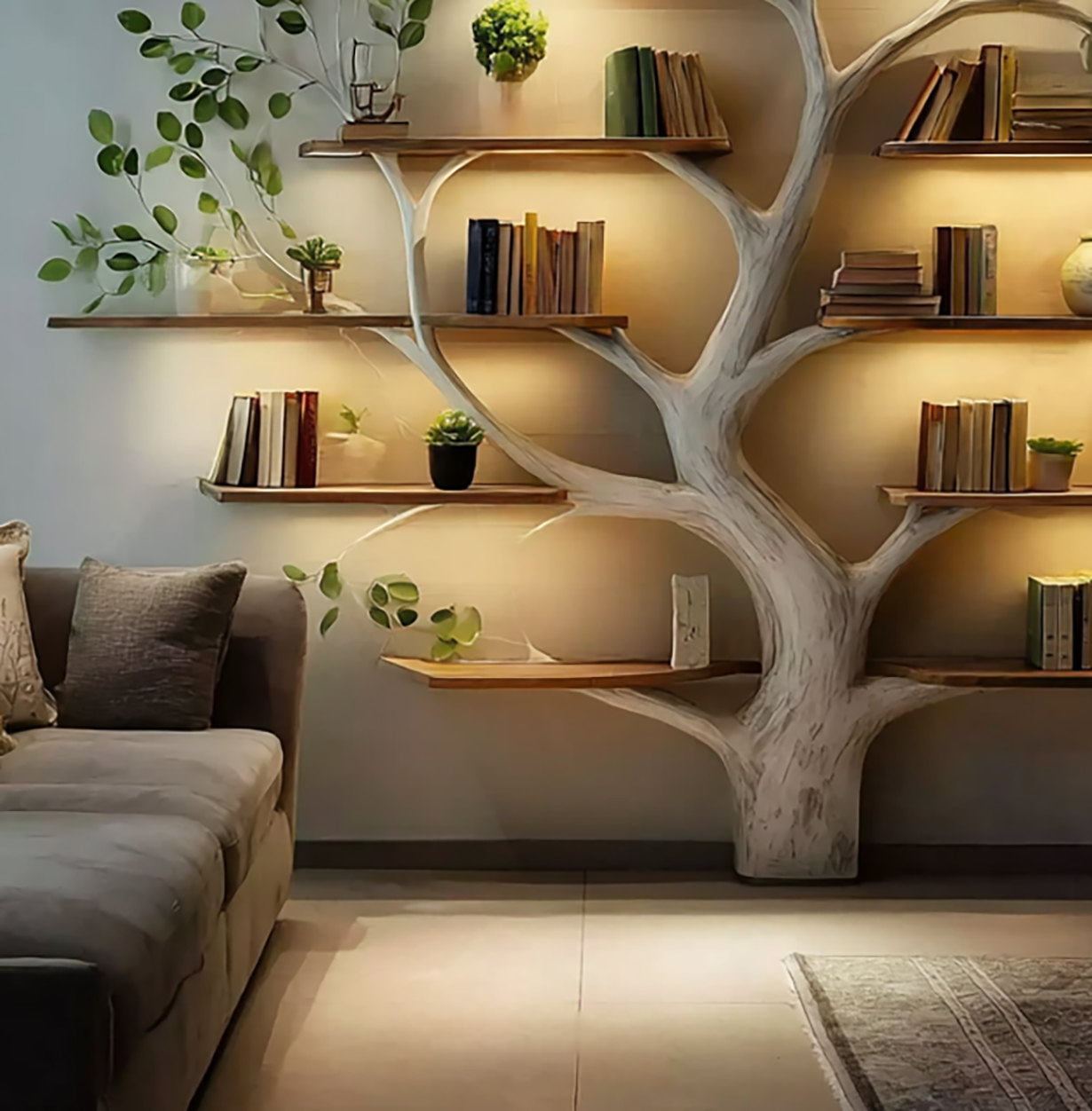 Handgefertigtes Baum-Bücherregal – Wandregal aus Naturholz