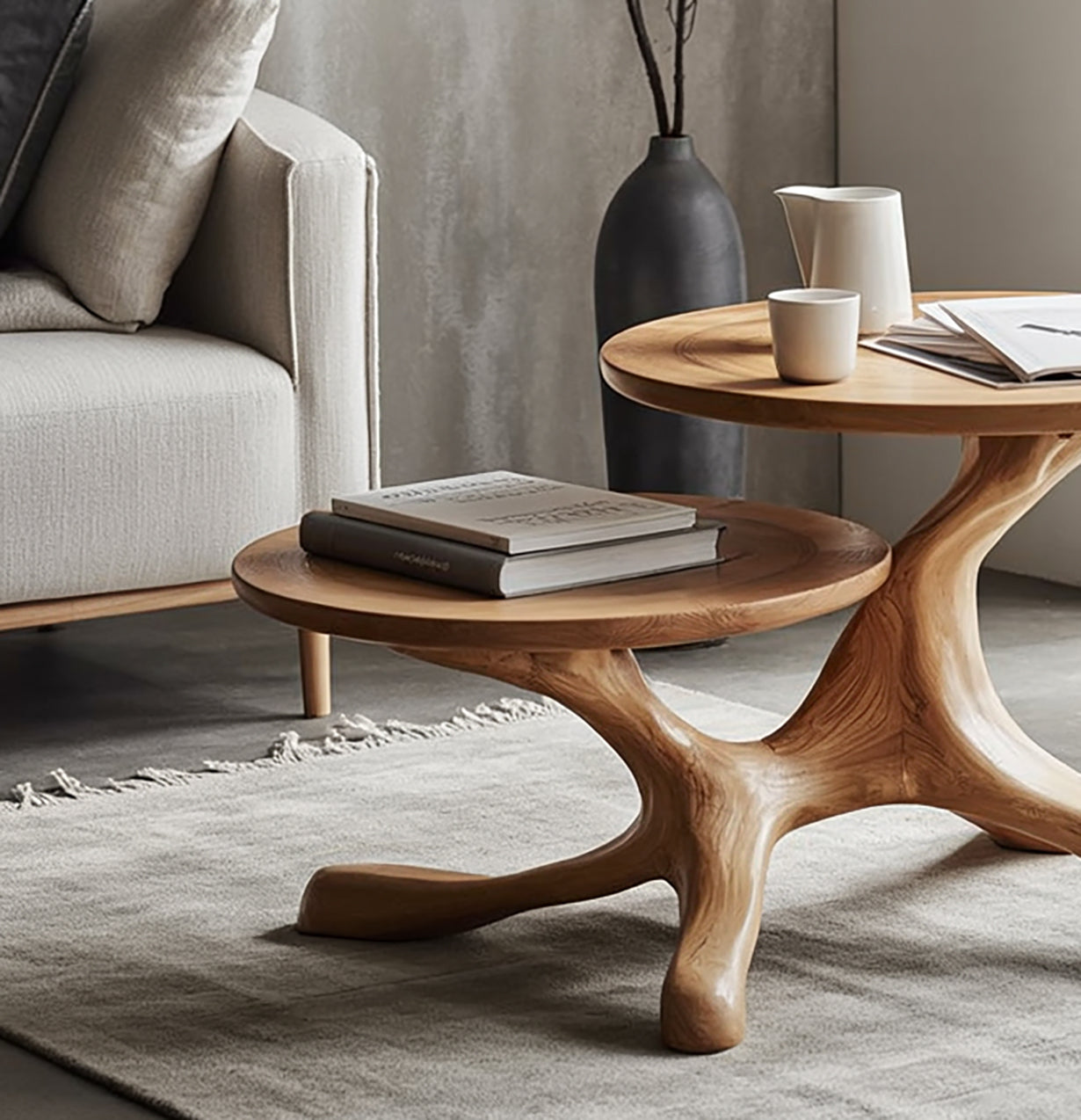 Handgefertigter Beistelltisch aus Massivholz mit Baumfuß, rustikal