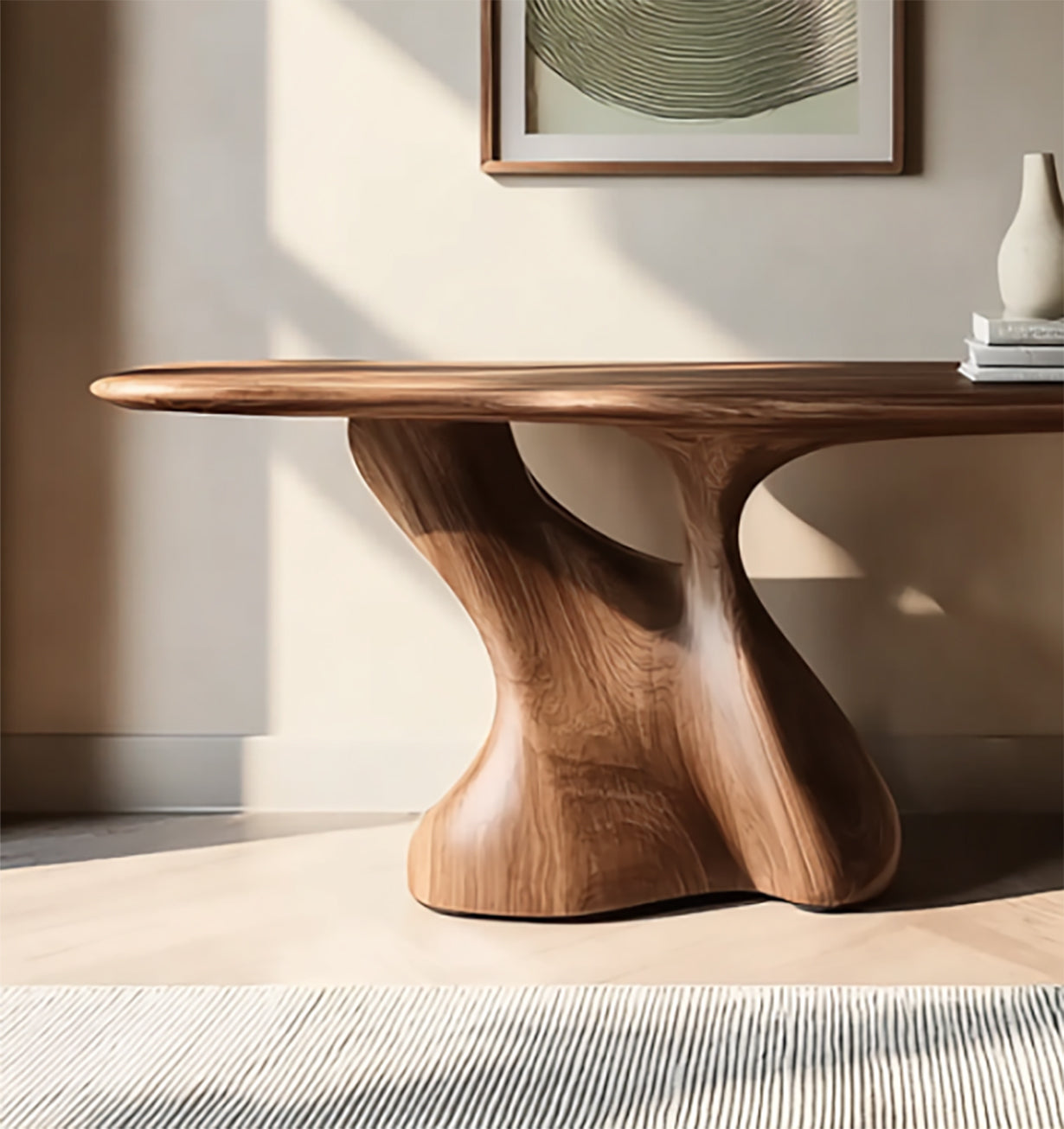 Rustikales Massivholz-Wohnmöbel – Handgefertigte Konsole mit Live Edge Regalen