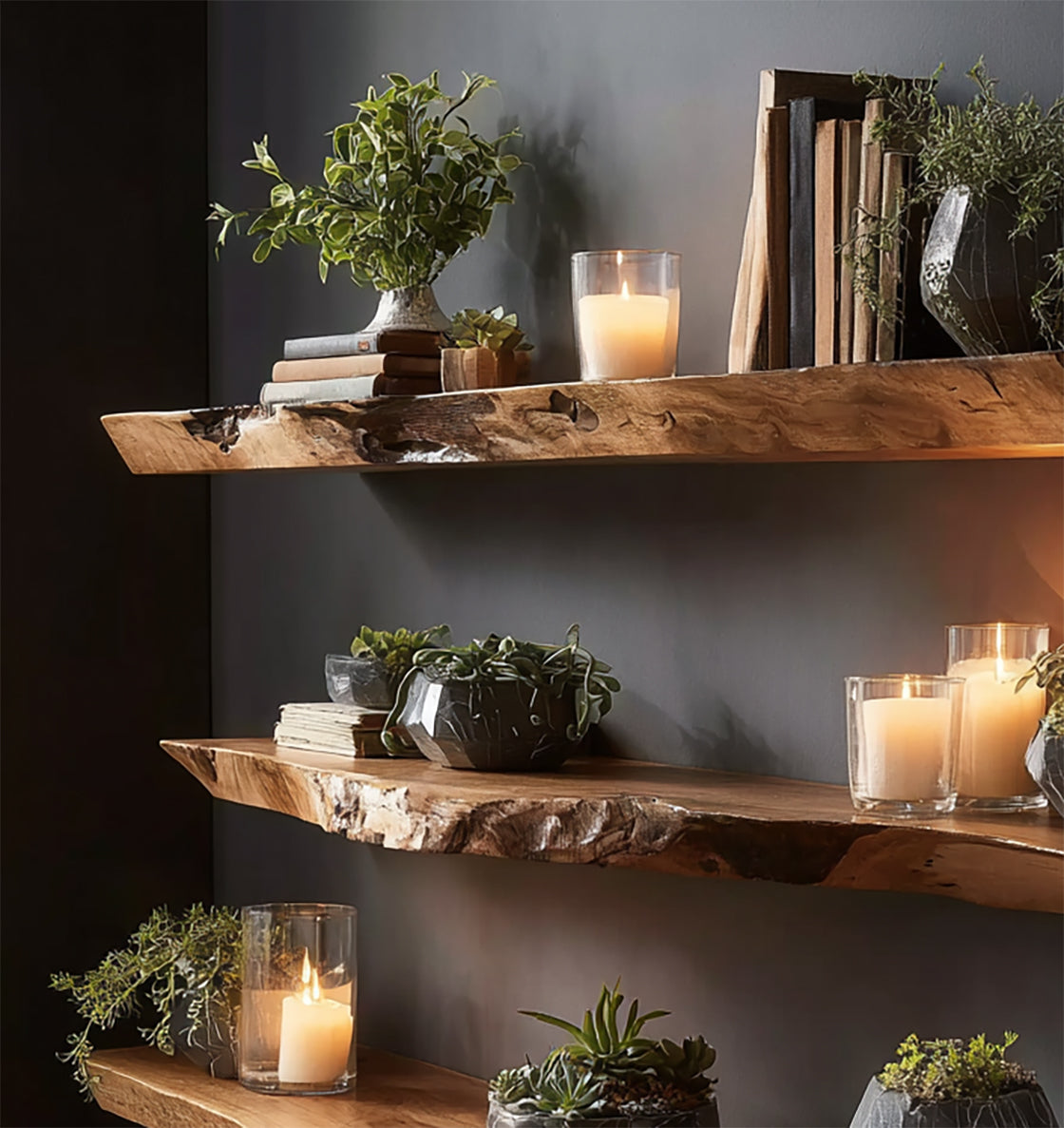 Handgefertigte Holzregale mit Baumkante – Massivholz-Schweberegale als Wandset