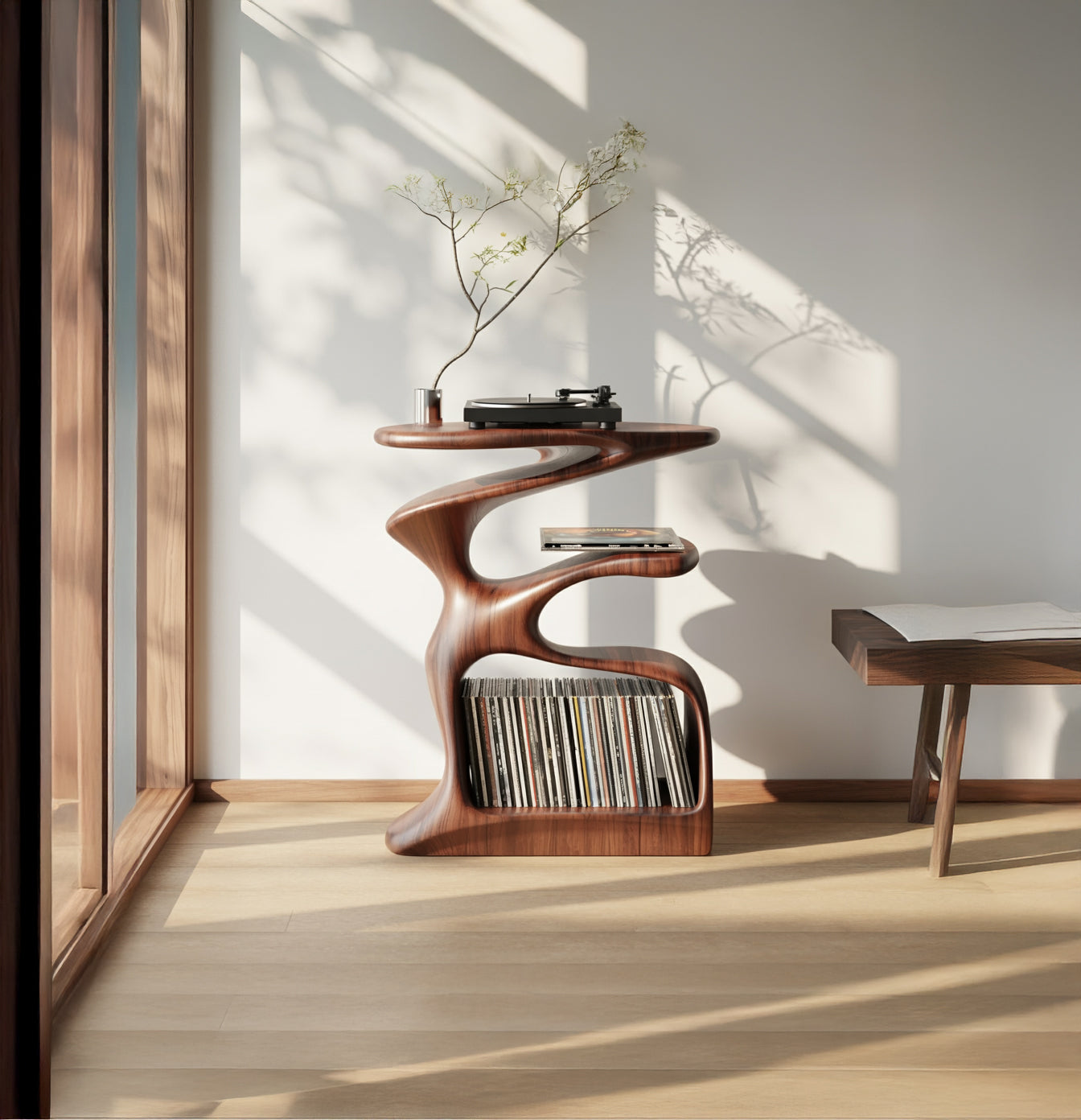 Handgefertigter Plattenspielerständer aus Holz – Skulpturales Vinyl-Regal
