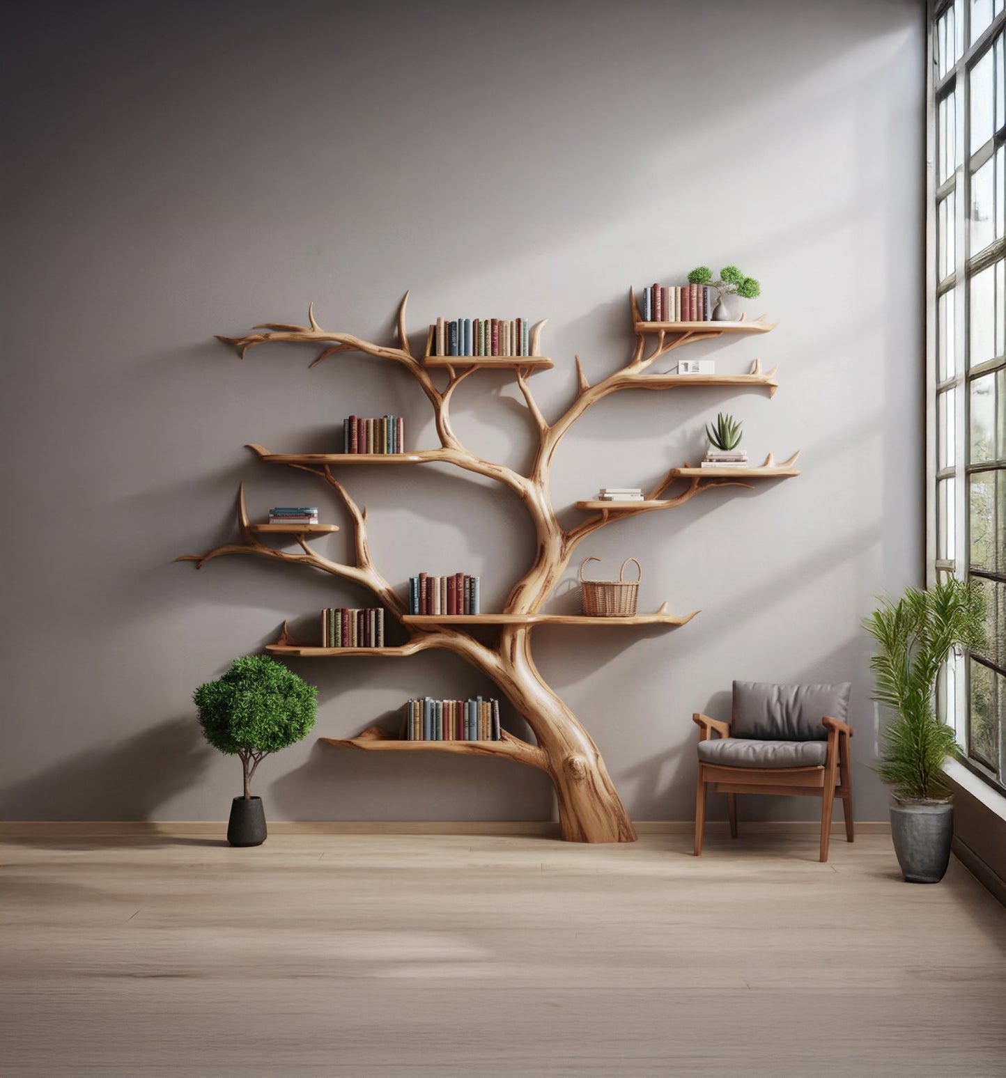 Handgefertigtes Baum-Bücherregal – Rustikales Holz-Wandregal Design