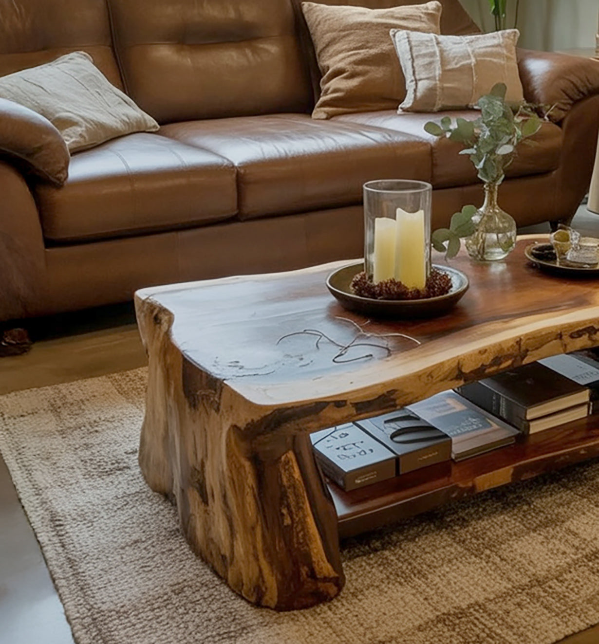 Handgefertigter Couchtisch mit Live Edge – Massivholz-Tisch mit Ablage