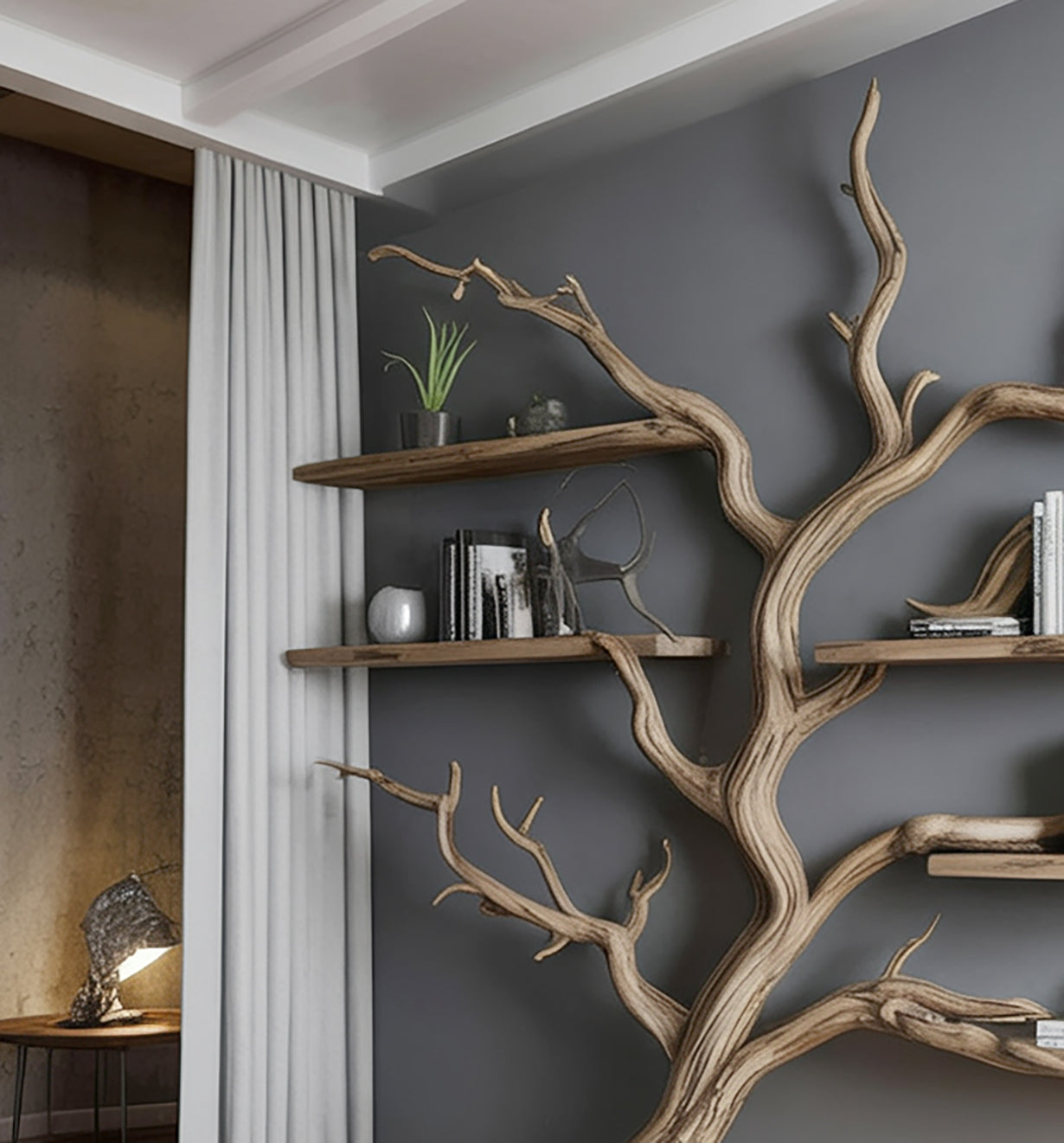 Künstlerisches Wandregal aus Baumästen – Holz Bücherregal