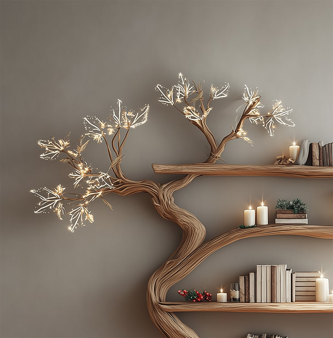 Handgefertigtes Baumregal – rustikales, wandmontiertes Bücherregal aus Holz für dein Zuhause