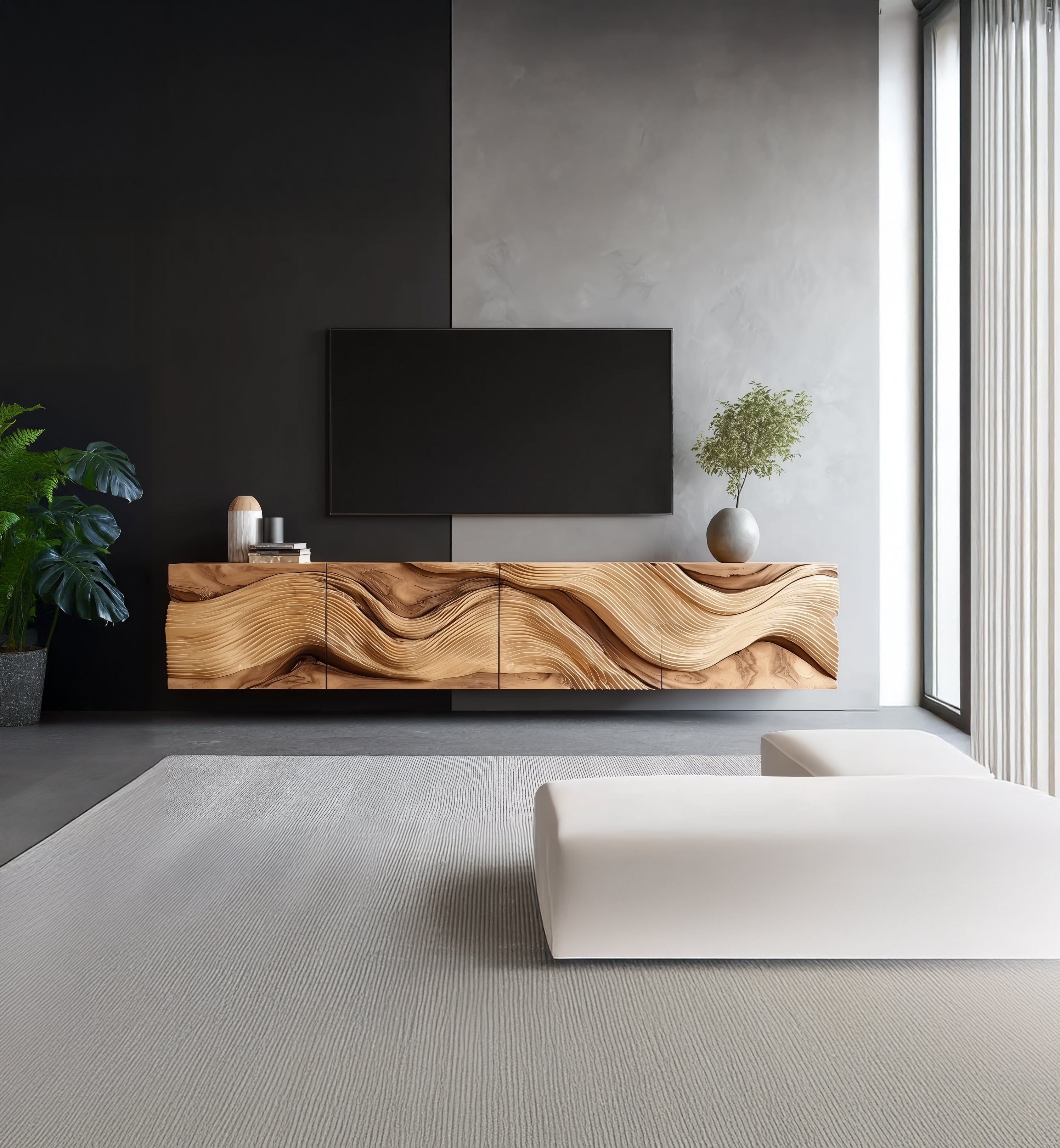 TV-Board mit Baumkante – Rustikal, schwebend & handgefertigt