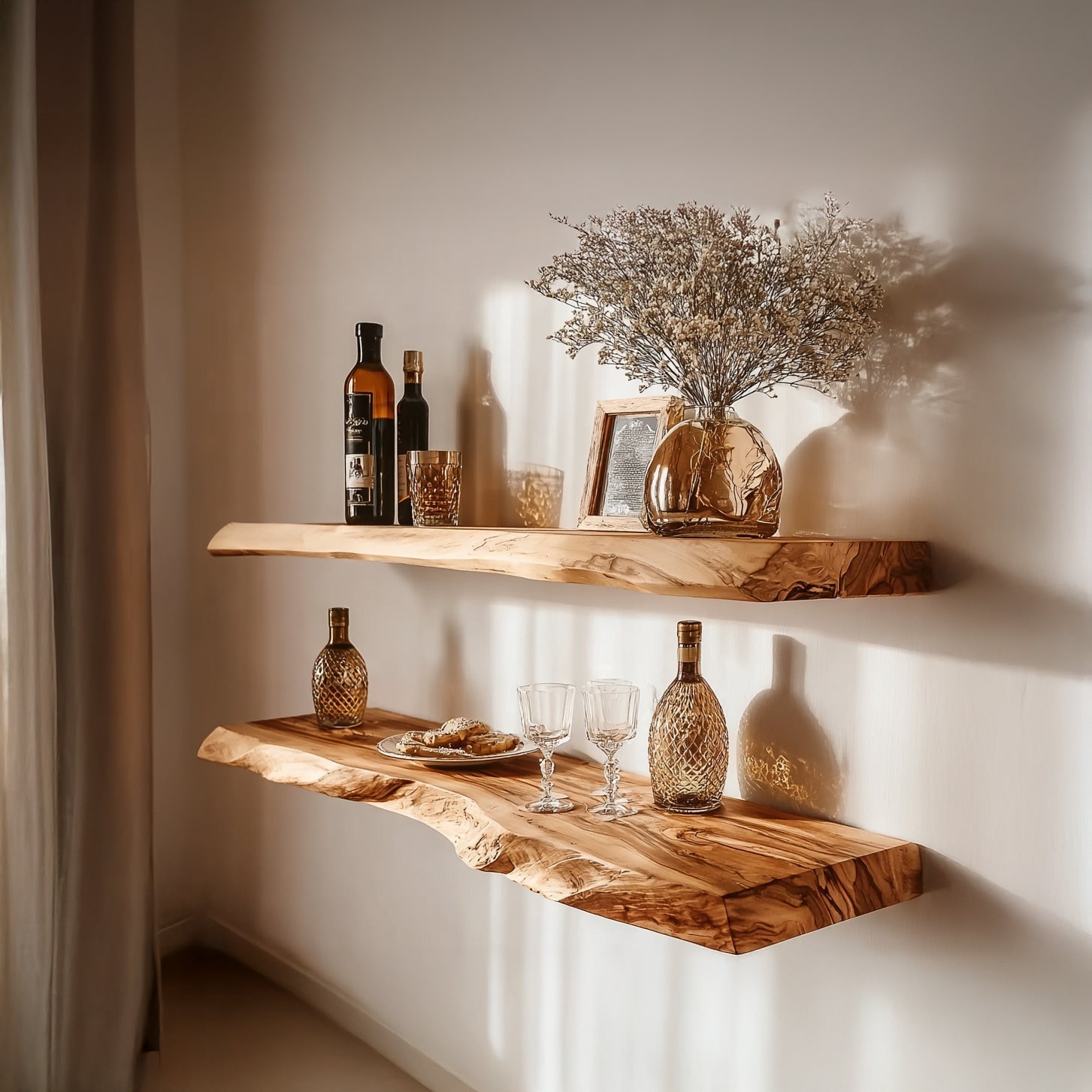Schwebendes Bar-Regal aus Massivholz mit Naturkante – rustikales Wandregal