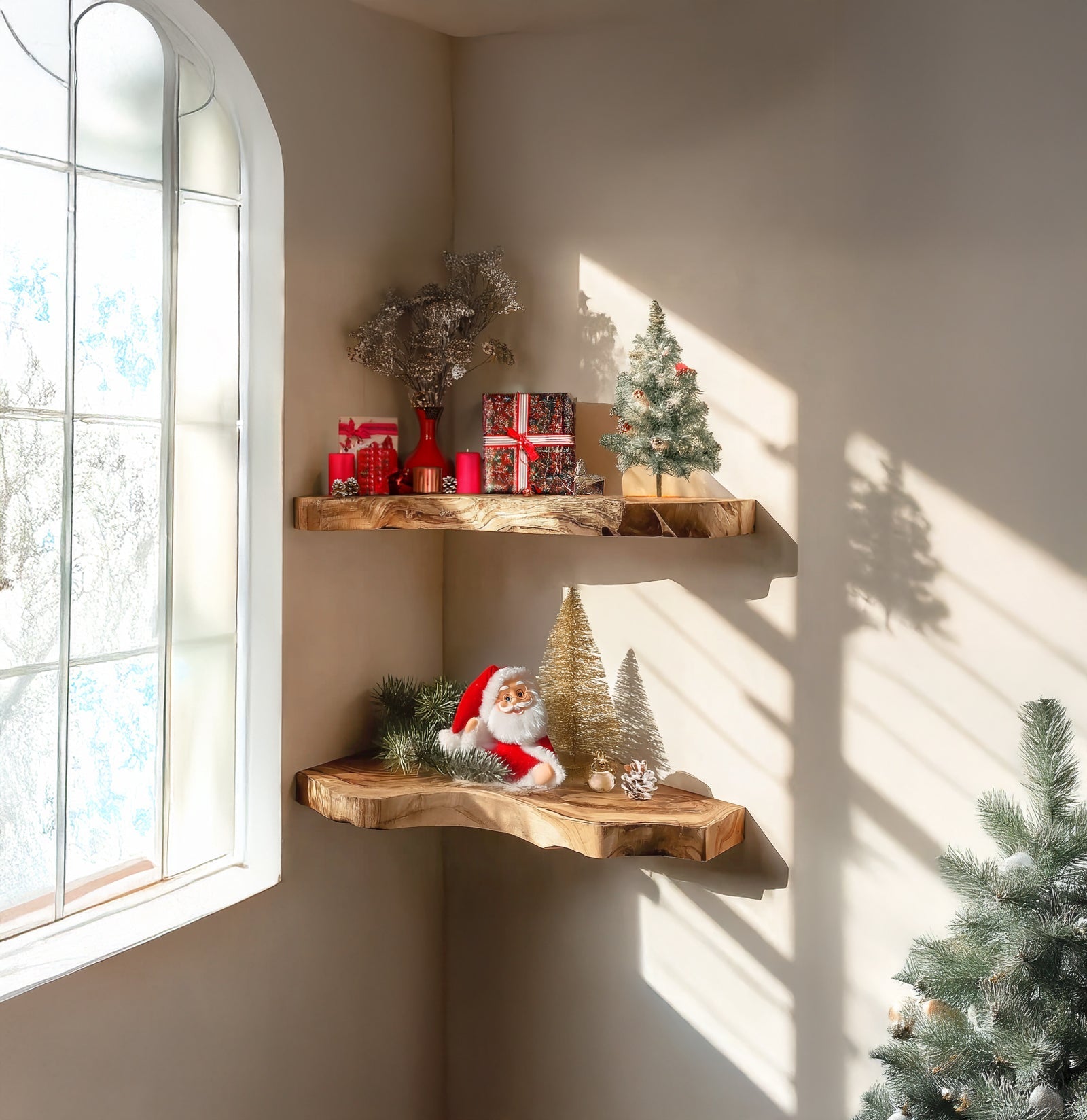 Handgefertigtes Weihnachtsregal aus Holz – Schwebendes Regal mit Baumkante