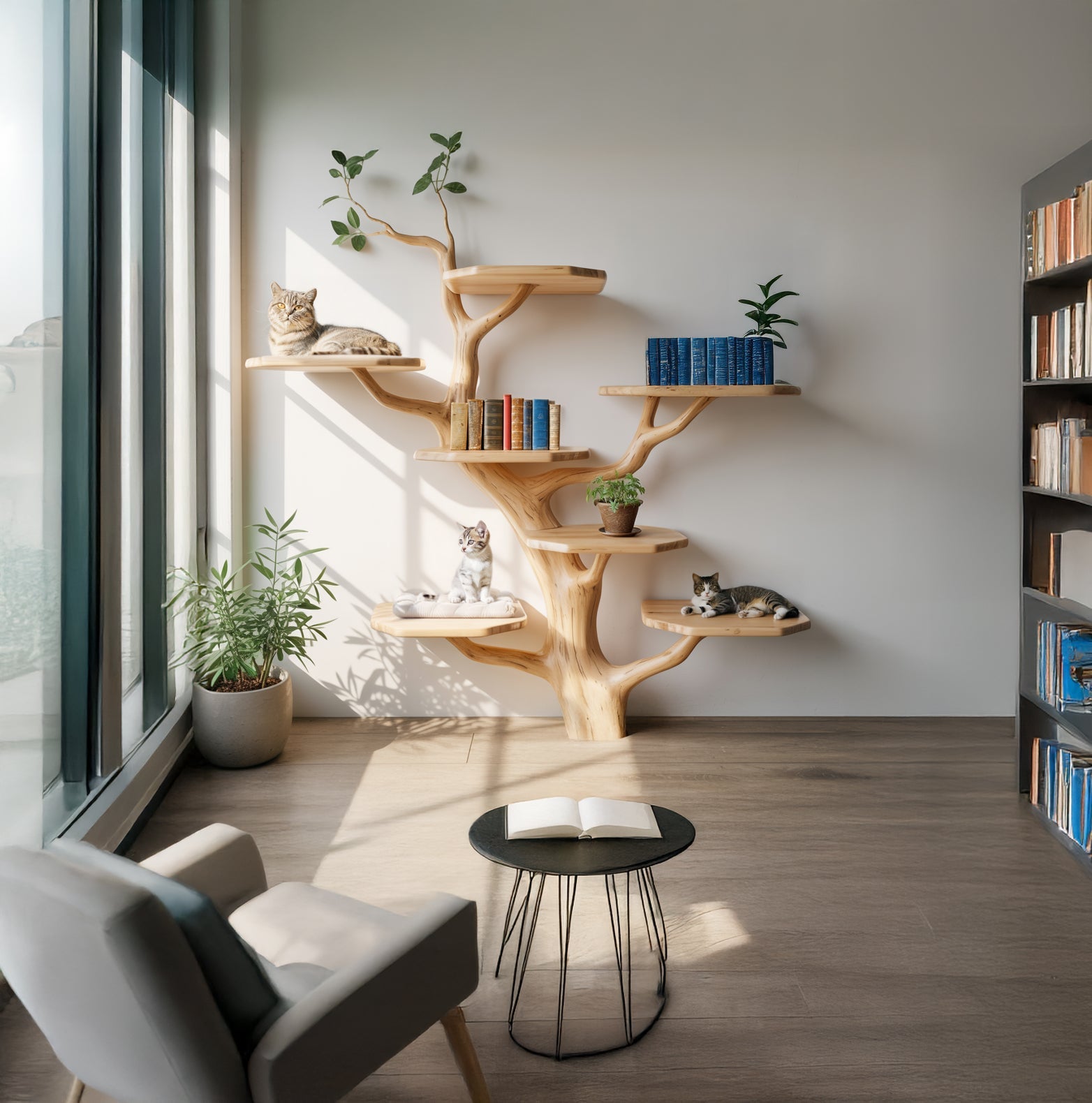 Handgefertigter Holz-Kratzbaum – Rustikales Katzenmöbel für große Katzen