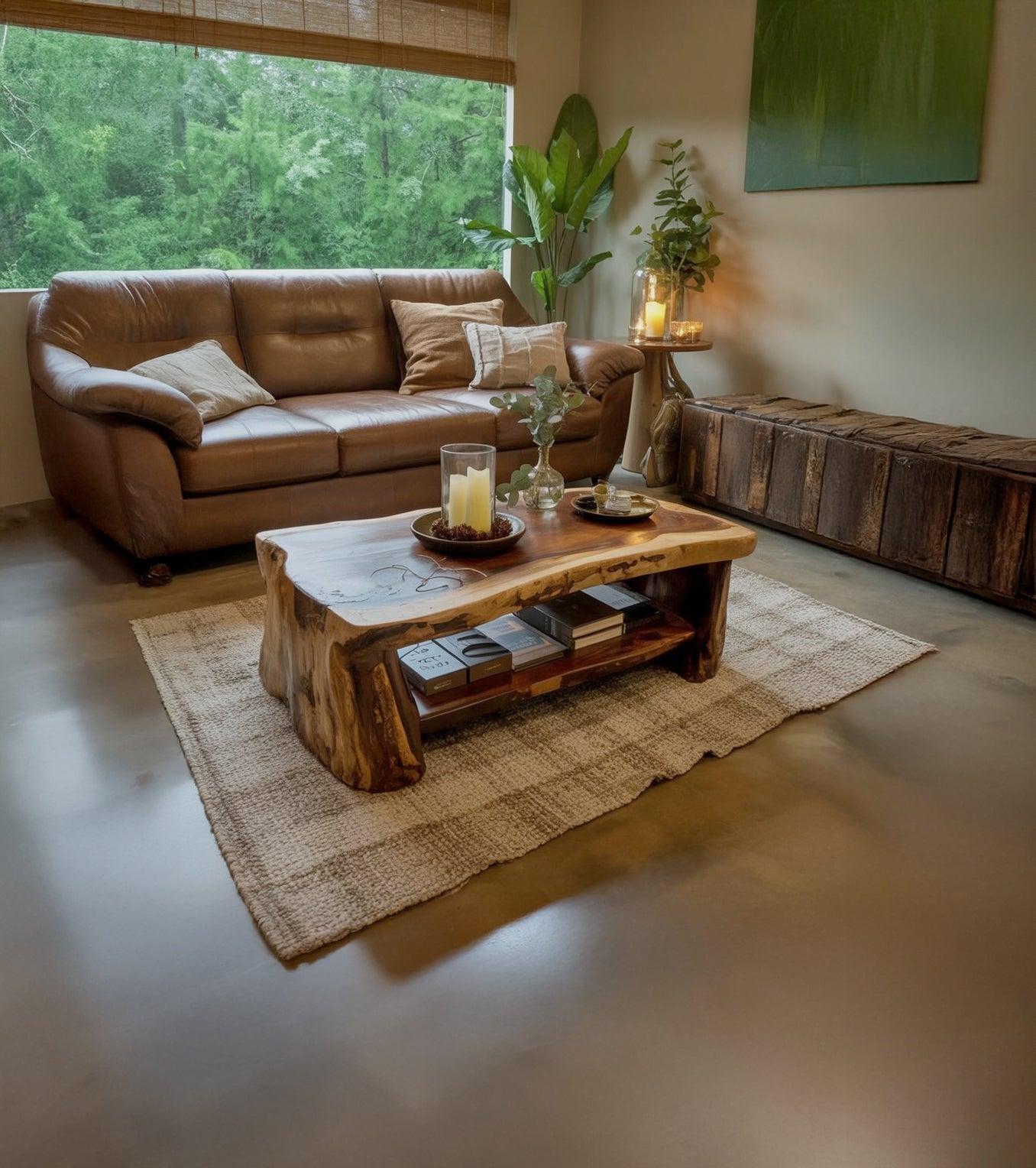 Handgefertigter Couchtisch mit Live Edge – Massivholz-Tisch mit Ablage
