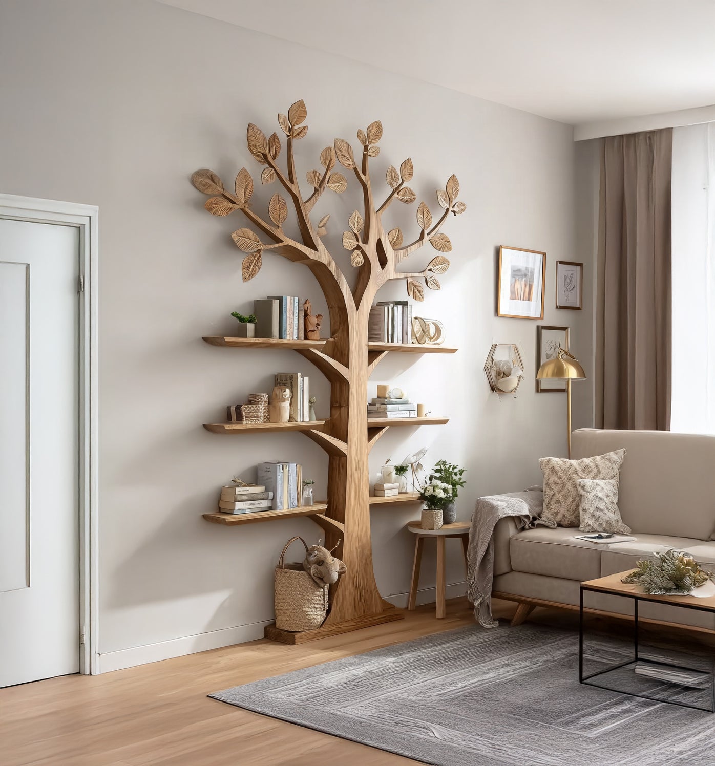 Rustikales Baum-Bücherregal aus Holz – Wandmontiertes Regal, natürliche Holz-Möbel