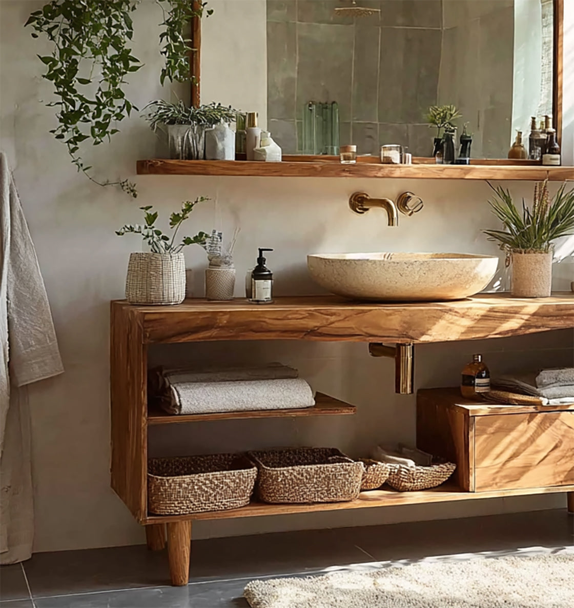 Rustikaler Teak-Badezimmer-Waschtisch – handgefertigt mit Stauraum