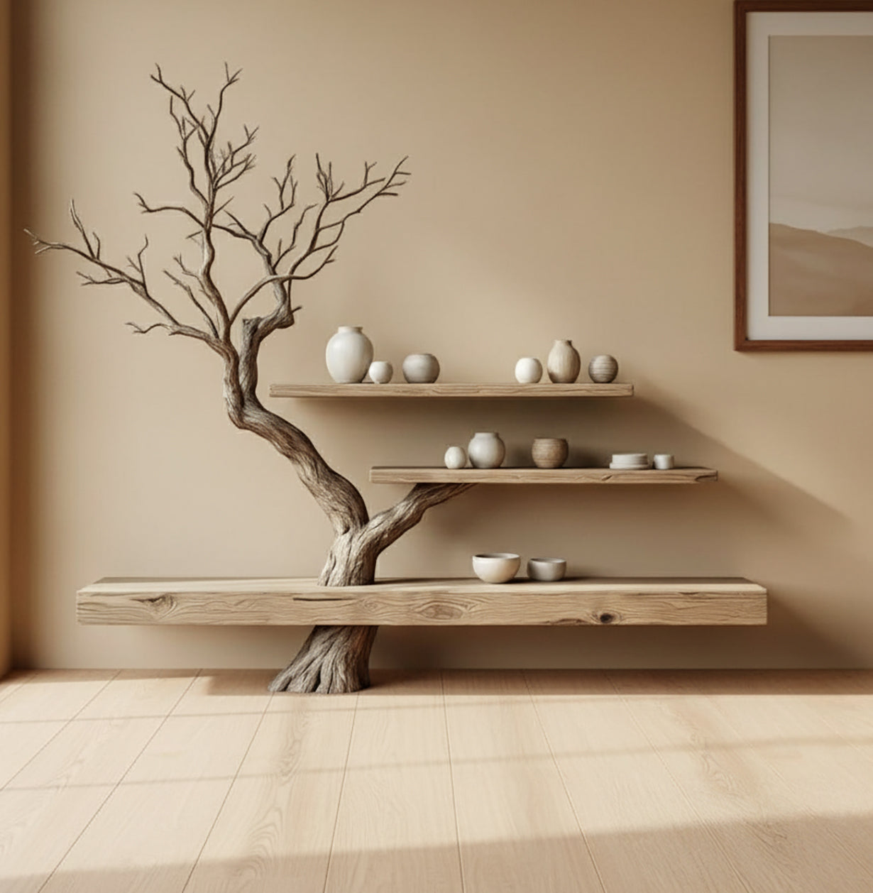 Baumast-Schweberegal – Wandregal aus Holz mit Naturkante