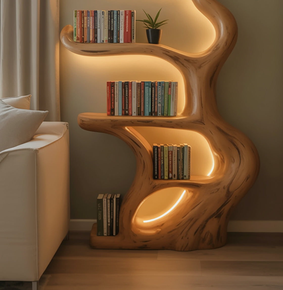 Rustikales Baum-Bücherregal – schwebendes Wandregal aus Massivholz