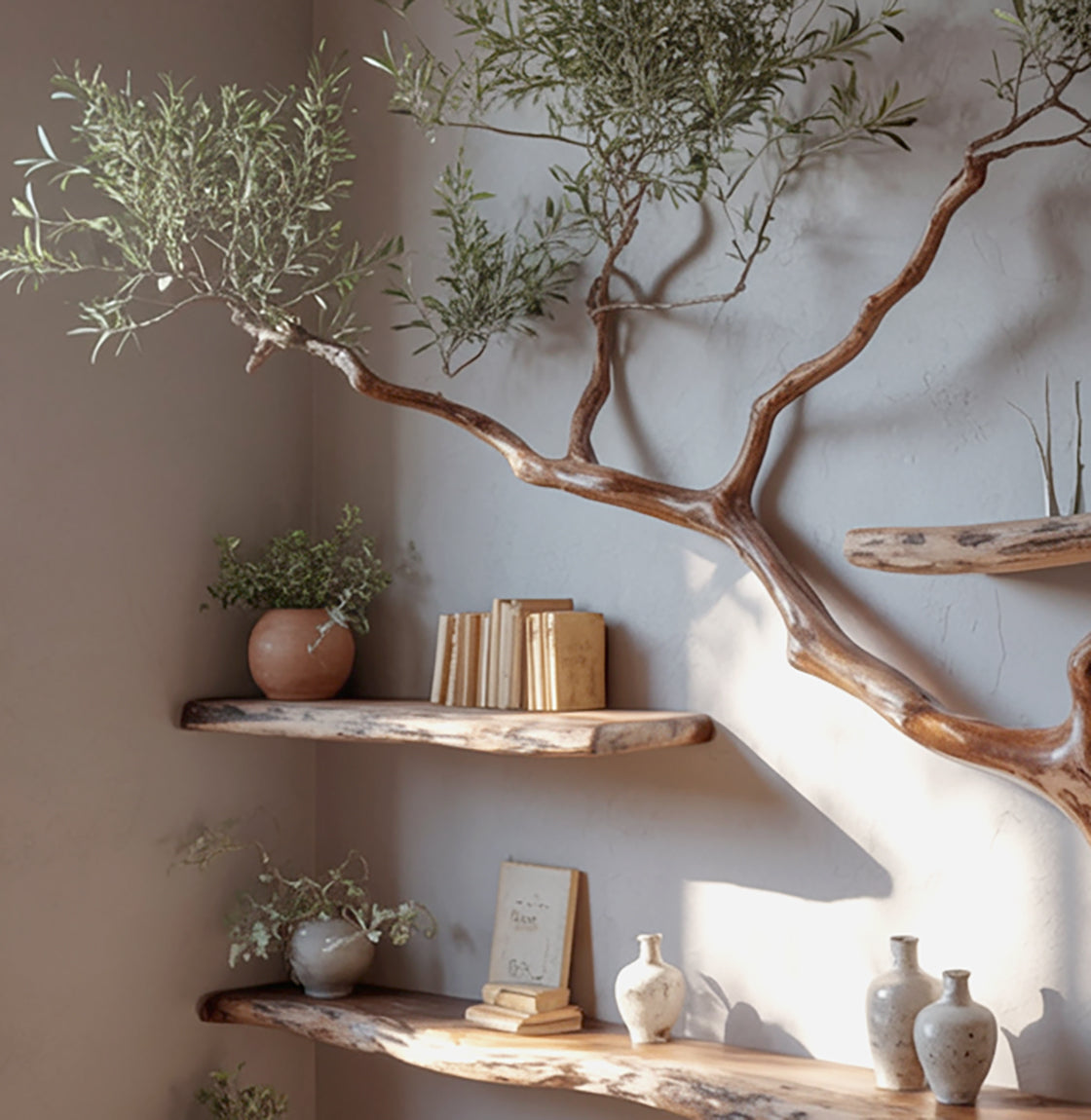 Baum-Wandregal – handgefertigtes Holzregal mit Baumkante, rustikal & dekorativ
