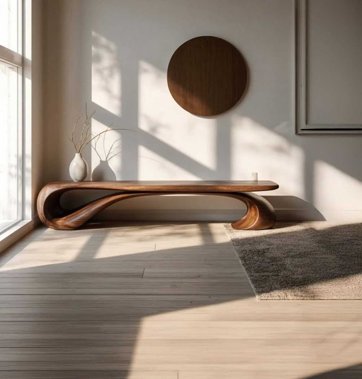 Handgefertigte Walnussbank – organisches, skulpturales Mid-Century-Design