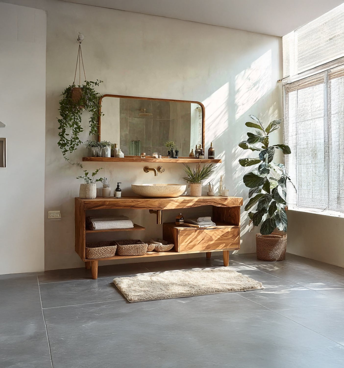 Rustikaler Teak-Badezimmer-Waschtisch – handgefertigt mit Stauraum