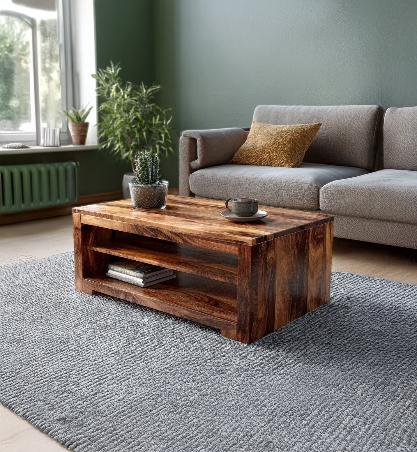 Massivholz-Couchtisch mit offenem Stauraum – rustikal und modern