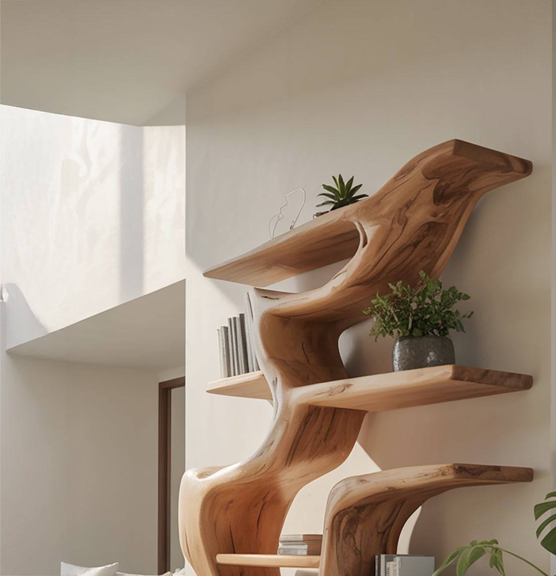 Handgefertigtes künstlerisches Holz-Bücherregal – skulpturales Design