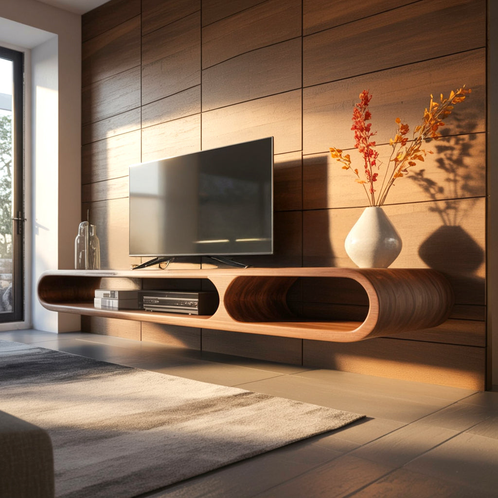 Moderner schwebender TV-Schrank – gebogene Massivholz-Konsole, handgefertigt
