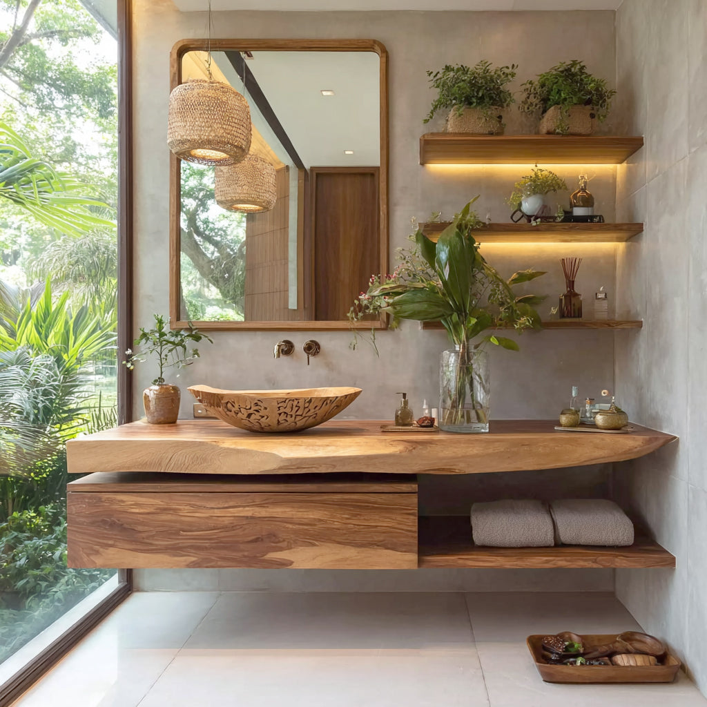 Schwebender Badschrank aus Massivholz mit natürlicher Baumkante und Schublade