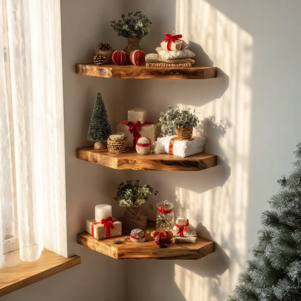 Rustikale Eck-Floating-Regale mit Baumkante – handgefertigtes Wanddisplay aus Massivholz