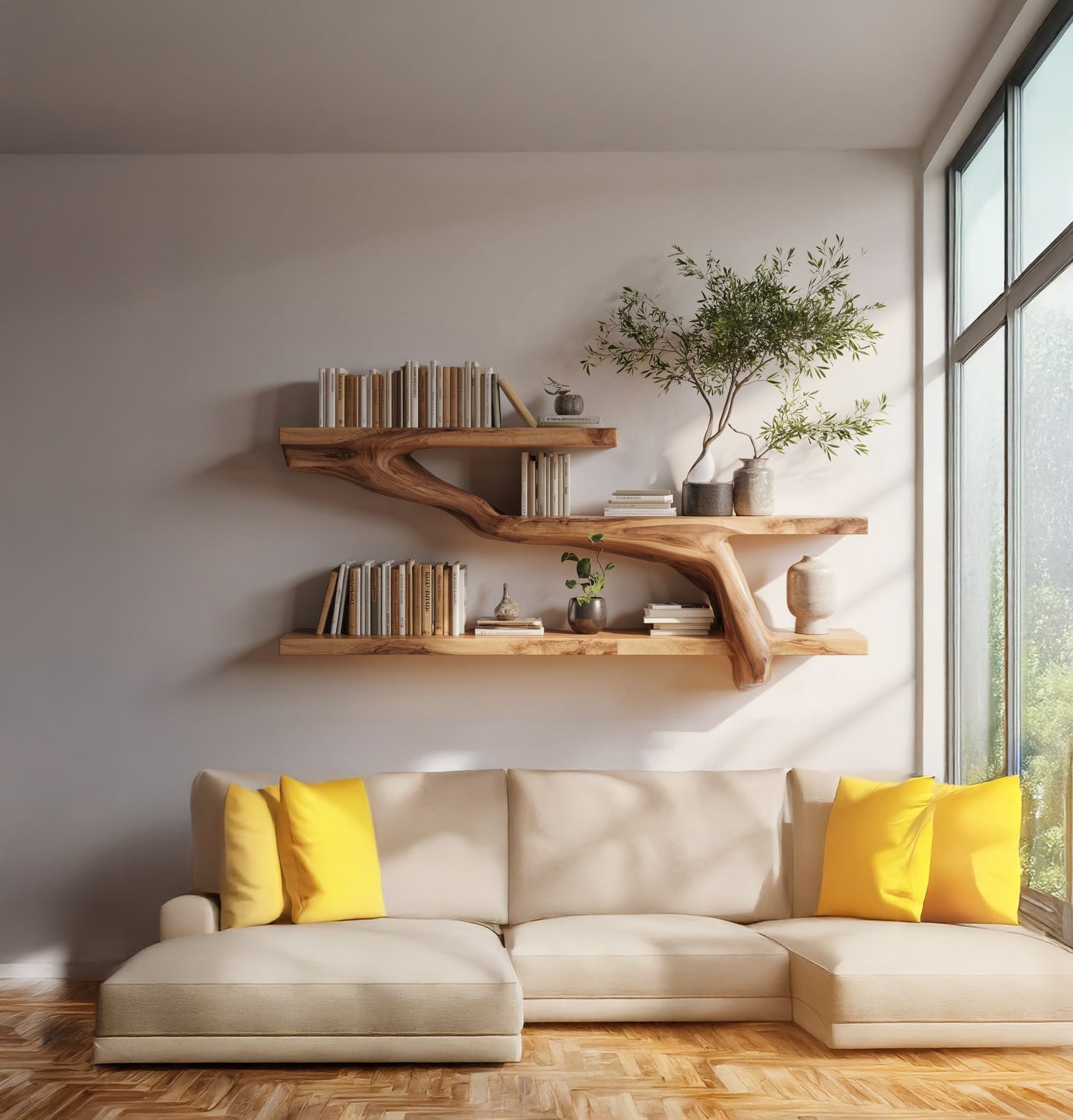 Wandregal aus Massivholz mit Baumast-Kante – handgefertigtes schwebendes Regal