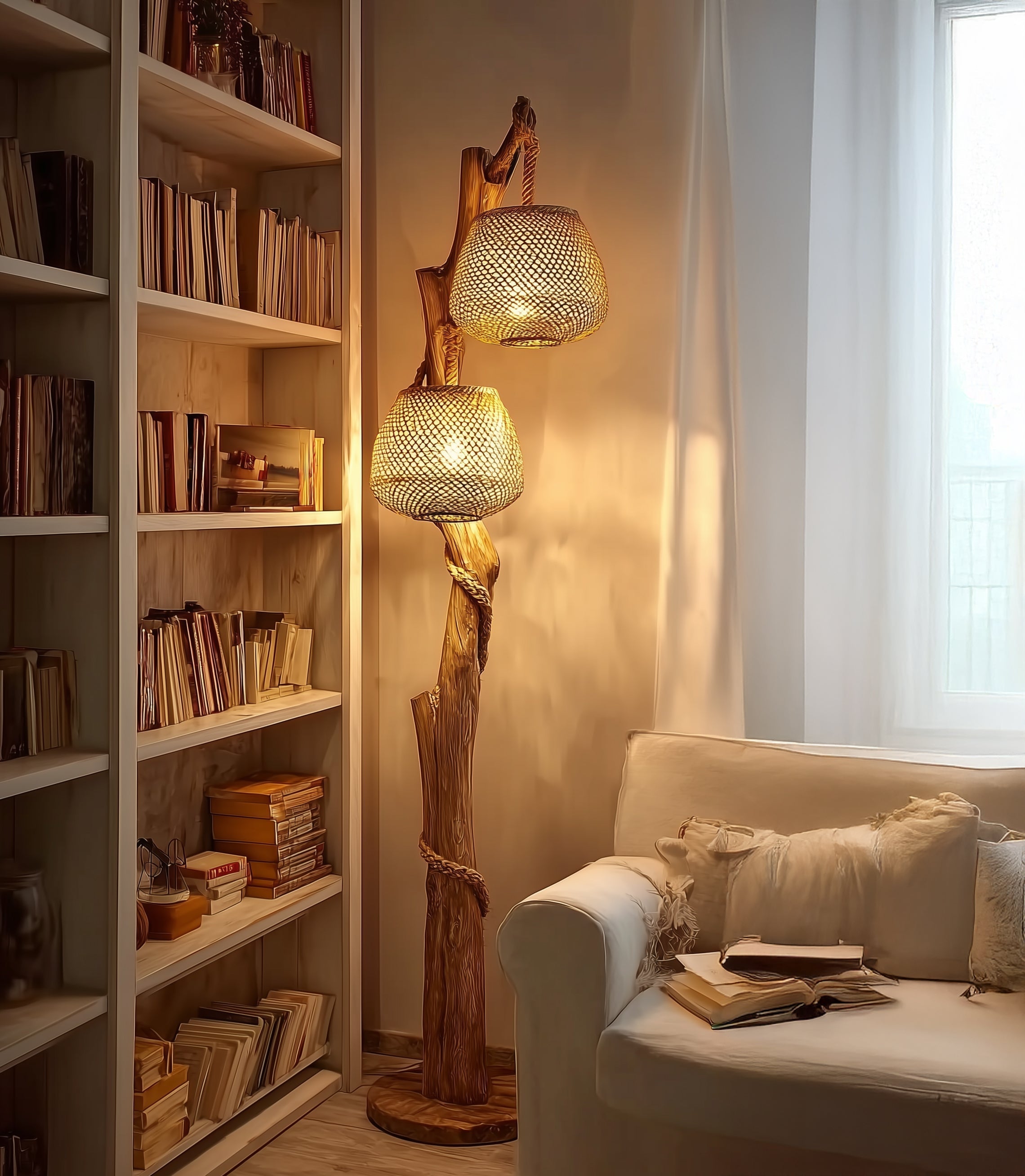 Baum-Stehlampe – Handgefertigt aus Naturholz für rustikales Wohnzimmer
