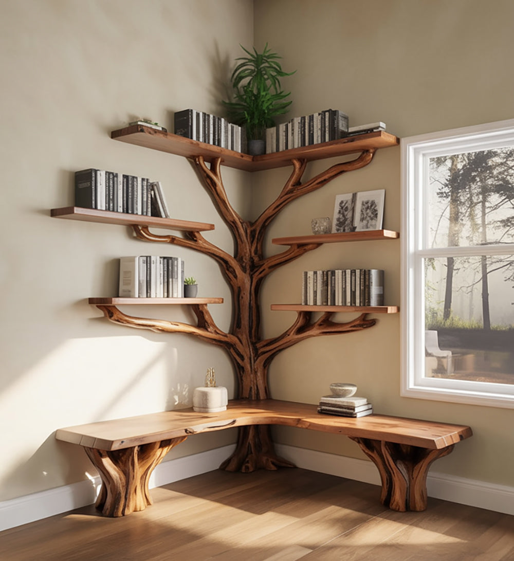 Eck-Baumregal – Handgefertigtes Massivholz-Regal mit Baumkante für Kinder
