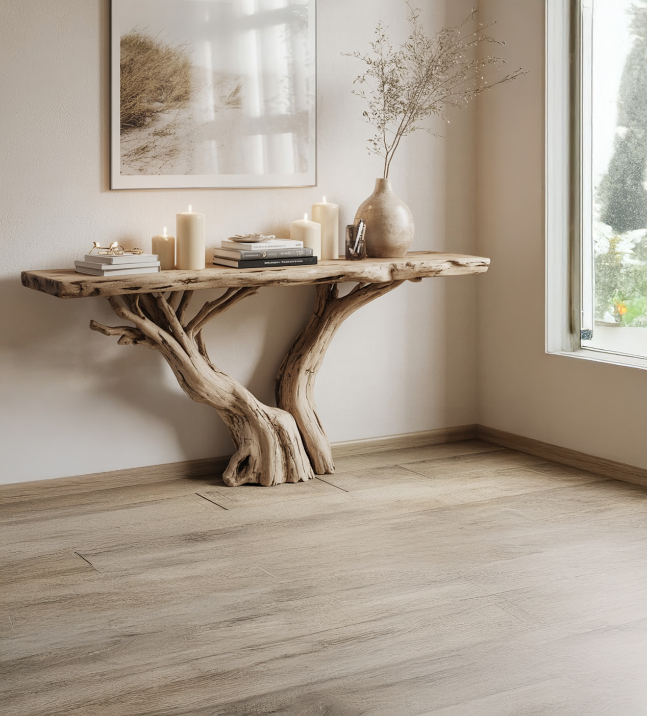 Schmaler Konsolentisch mit Baumkante – Handgefertigter rustikaler Landhaus-Holztisch