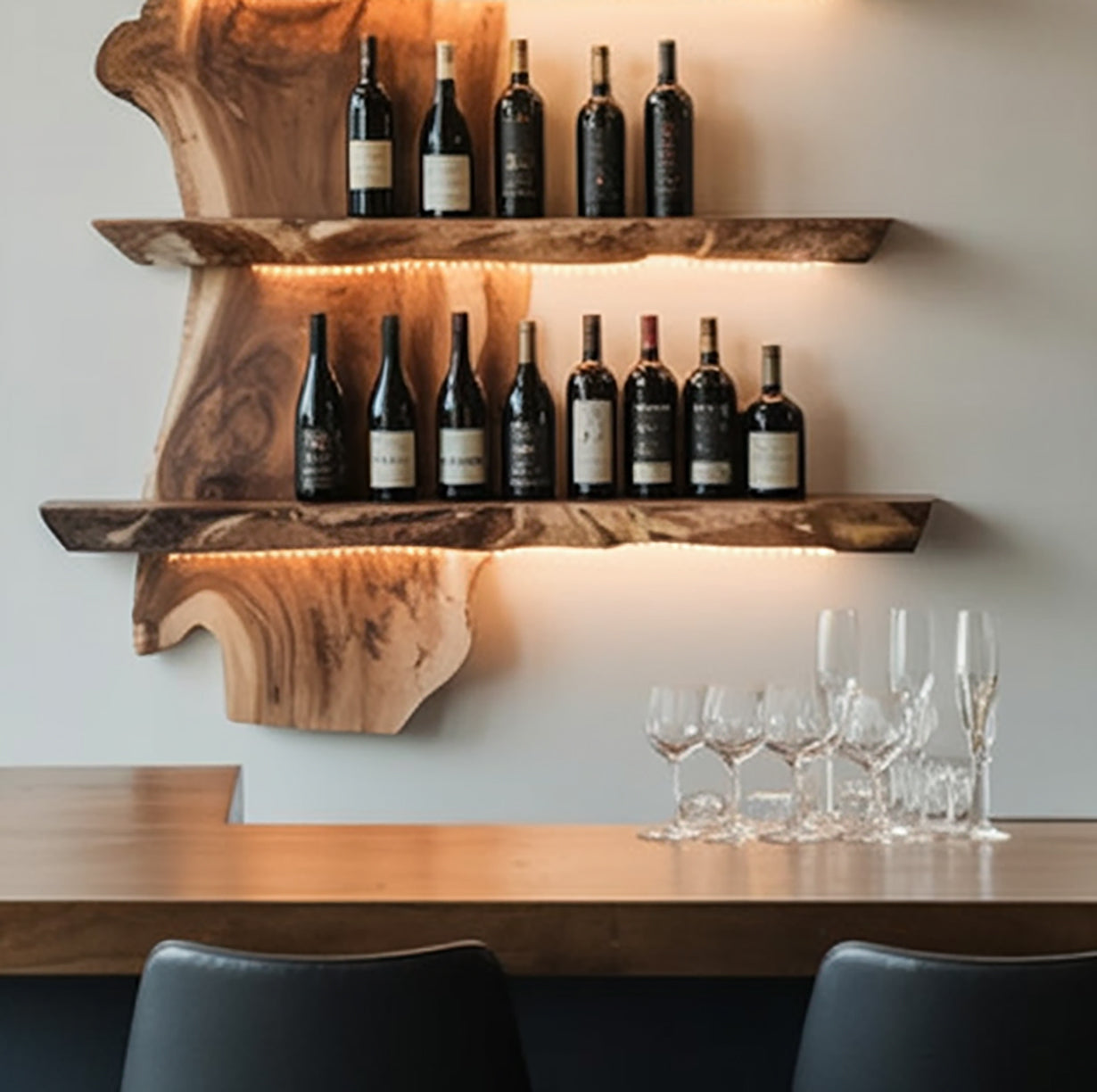 Handgefertigtes Live Edge Barregal – rustikales Wandregal für Hausbar