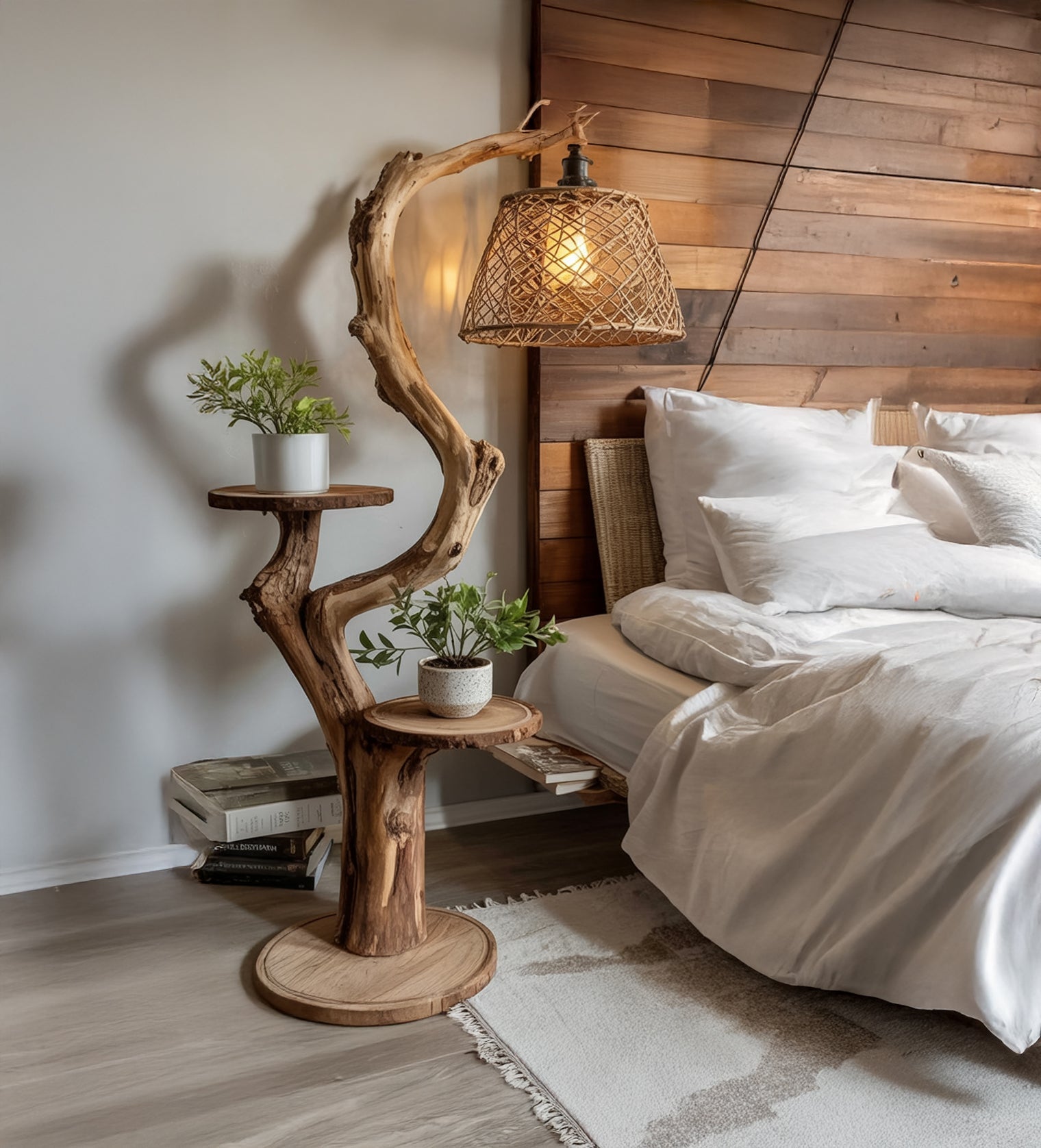 Rustikale Stehlampe aus Treibholz mit Ablagen – handgefertigte Holz-Stehleuchte