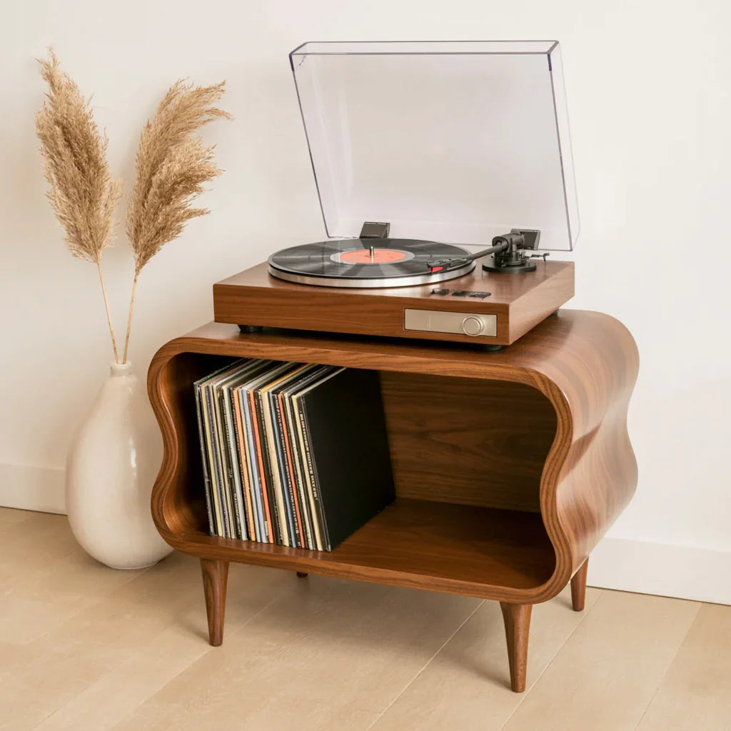 Mid-Century-Modern-Plattenspielerständer aus Holz mit Vinyl-Stauraum und dekorativer Vase