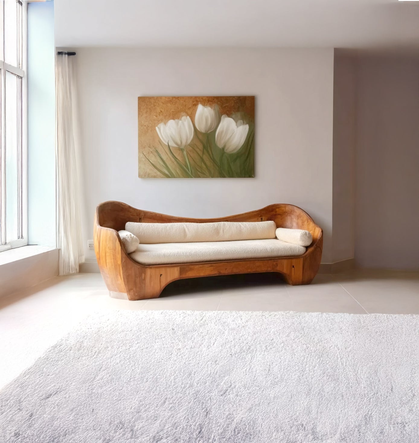 Künstlerisches Holzsofa – skulpturales, modernes Sitzmöbel für das Wohnzimmer