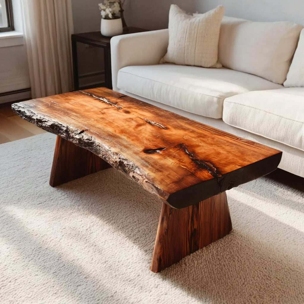 Rustikaler Handgefertigter Massivholz-Couchtisch – Live Edge Landhausstil Tisch