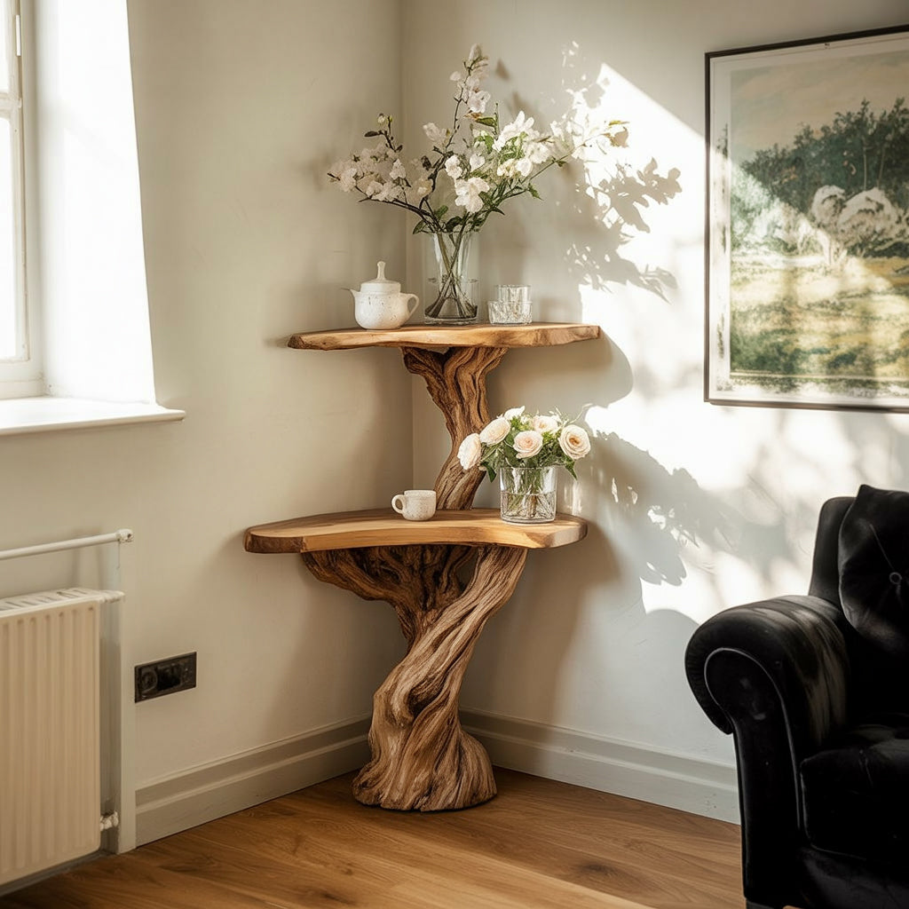 Eck-Baum-Konsolentisch aus Massivholz – Handgefertigtes Astregal