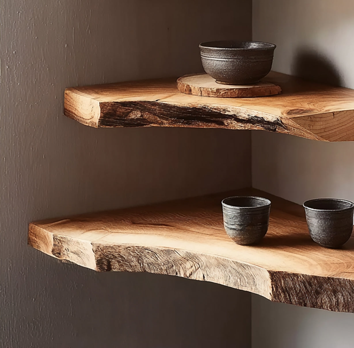 Handgefertigte Live-Edge-Eckregale – Rustikale Massivholz-Wandregale, schwebend