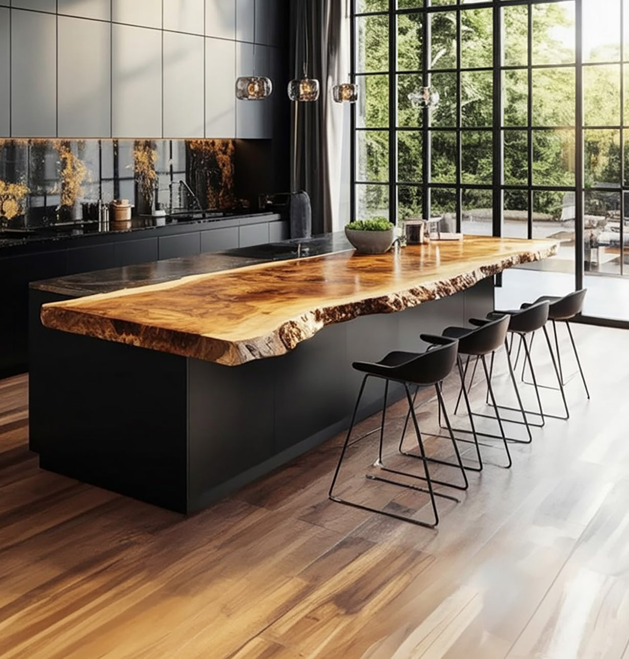 Handgefertigte Live-Edge Kücheninselplatte aus Massivholz