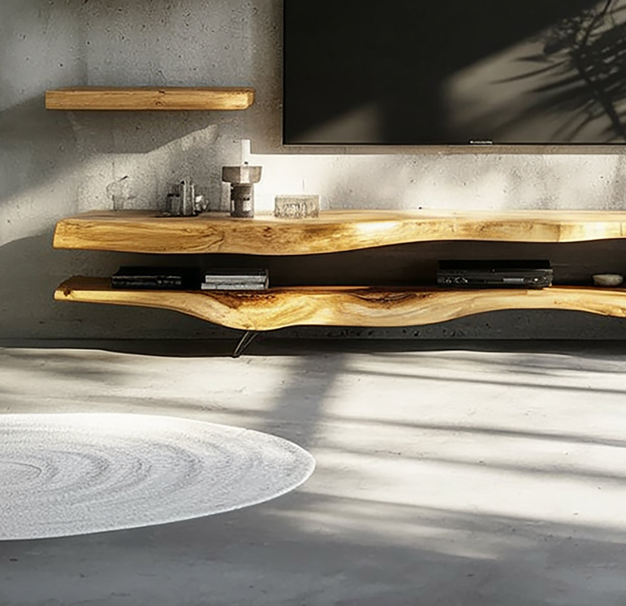 2-teiliges Massivholz-TV-Lowboard mit Rustikalen Schweberegalen