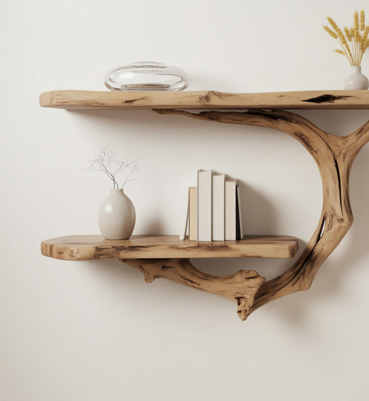 Treibholz-Regal – Handgefertigtes Massivholz-Wanddekor & Bücherregal