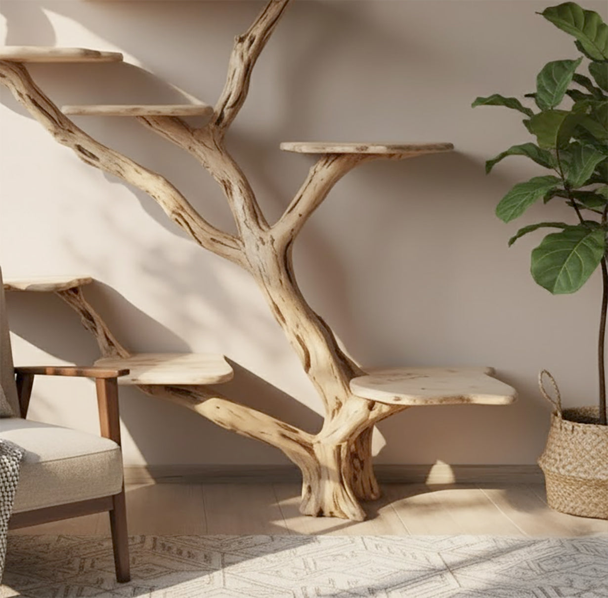 Handgefertigter Katzenbaum aus Holz – Großes Massivholz-Katzenmöbel