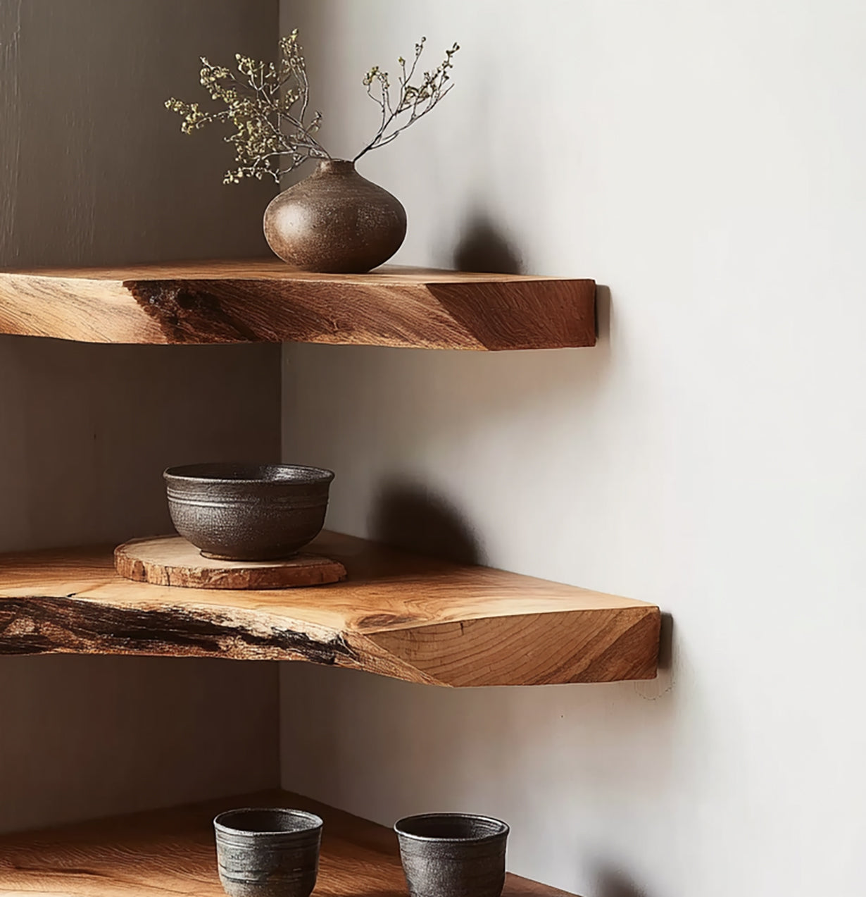 Handgefertigte Live-Edge-Eckregale – Rustikale Massivholz-Wandregale, schwebend