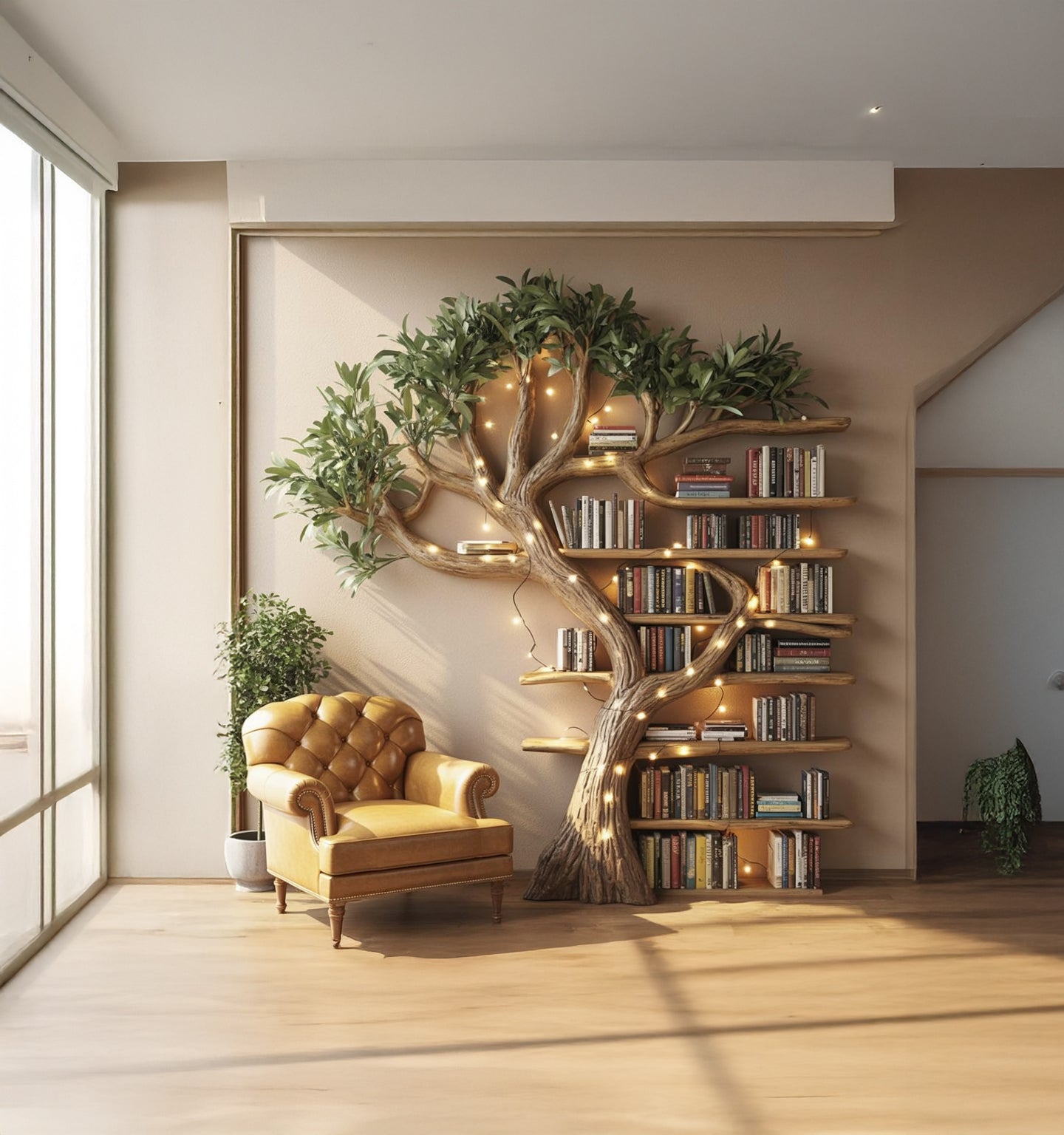 Baumzweig-Bücherregal – Schwebendes Wandregal aus Holz mit Baumkante