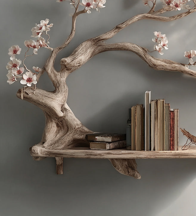 Treibholz-Bücherregal in Baumform – rustikaler Wandständer