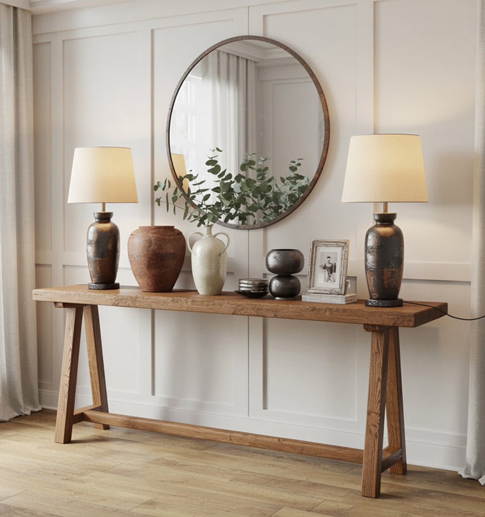 Rustikaler Konsolentisch aus recyceltem Holz – Live-Edge-Tisch für den Eingangsbereich