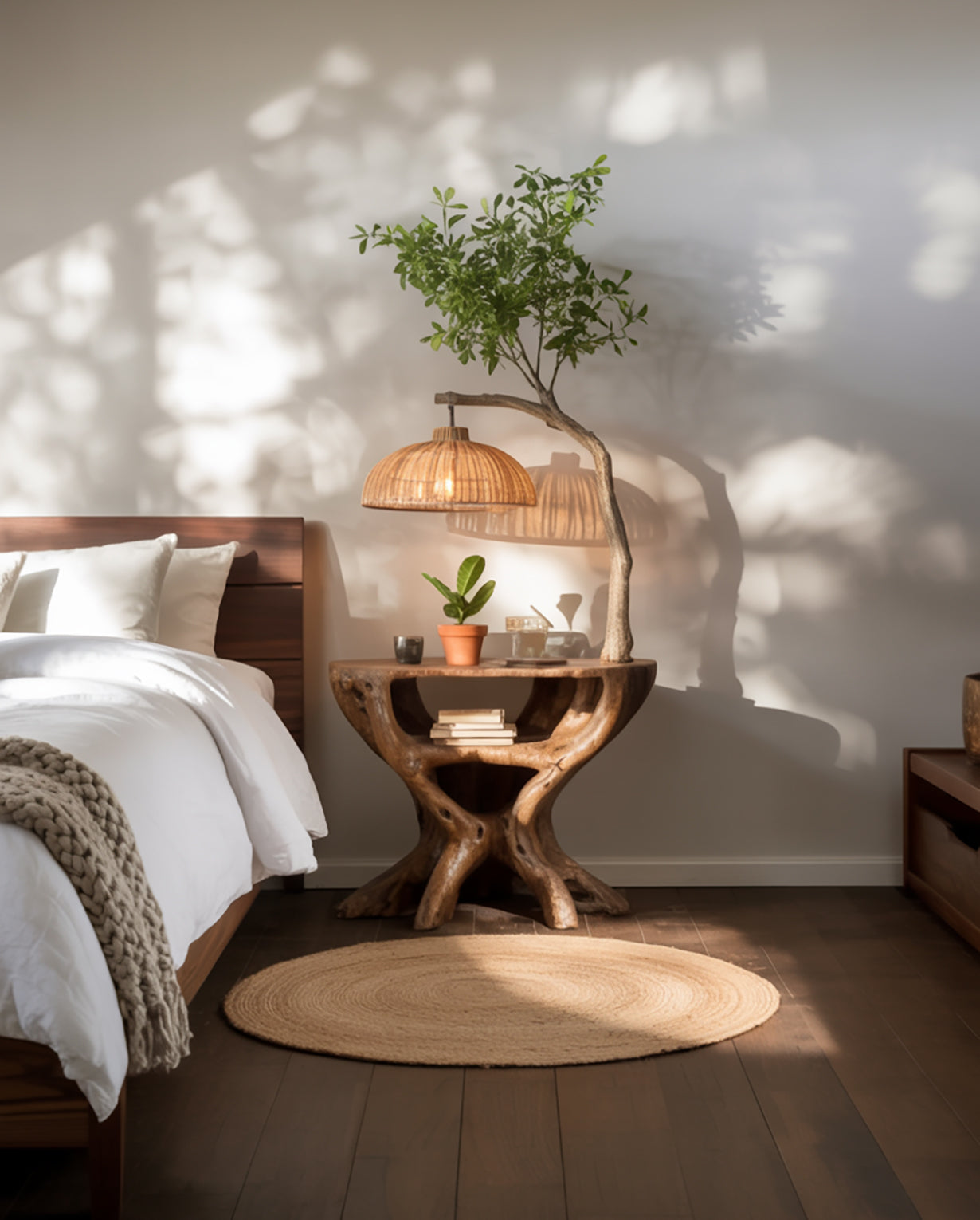 Holz-Beistelltisch mit Baumlampe – handgefertigte Nachttischleuchte