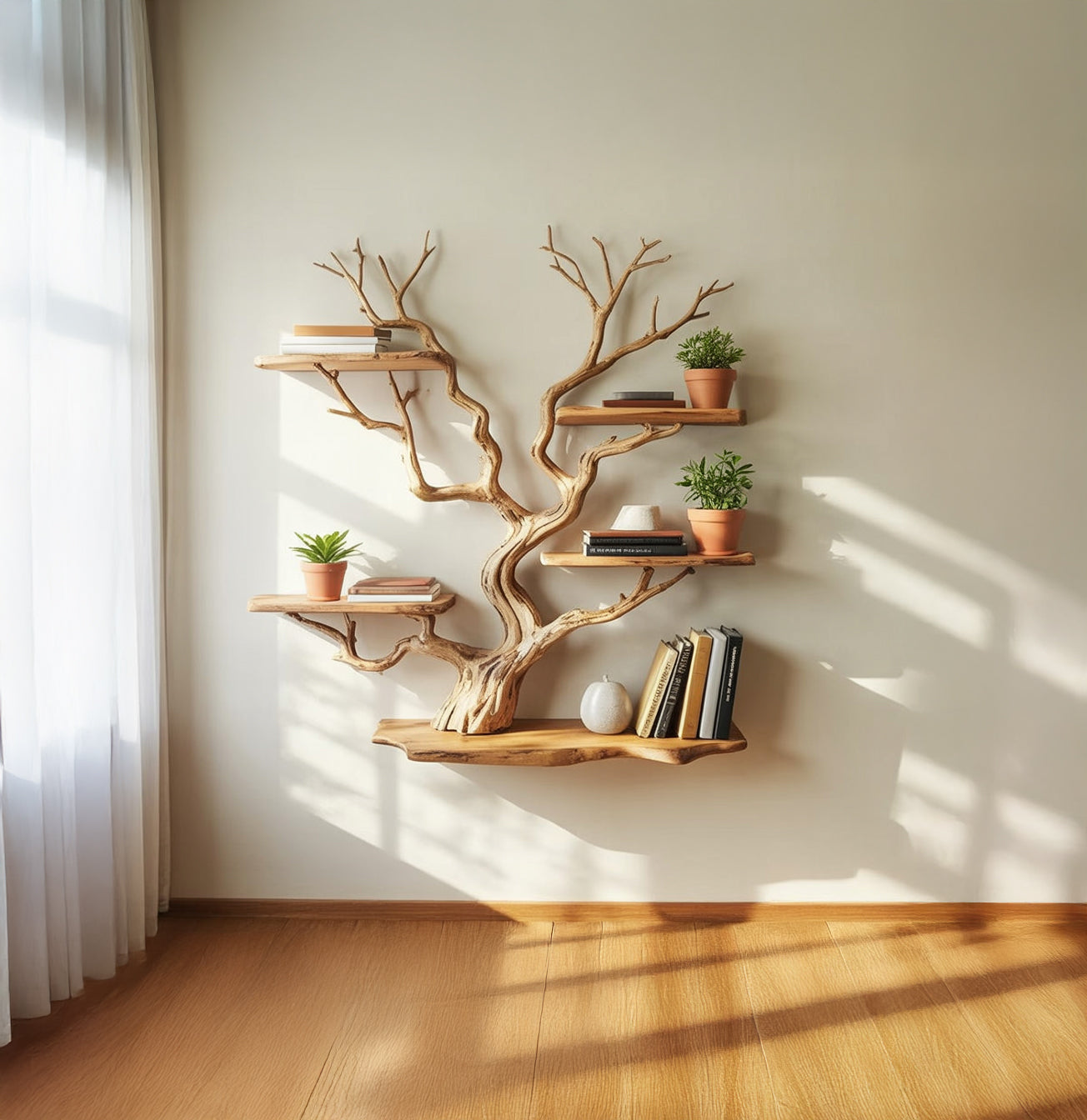 Schwebendes Tree Branch Bücherregal aus Massivholz – Treibholz Wandkunst