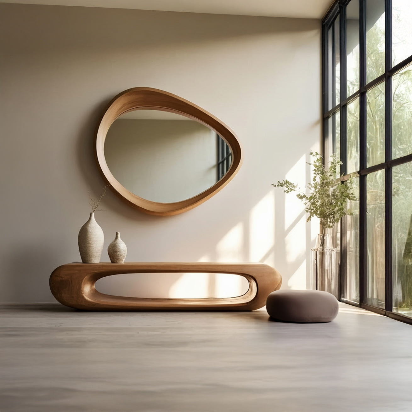 Unregelmäßiger Holz-Spiegelrahmen im Mid-Century-Stil – handgefertigt